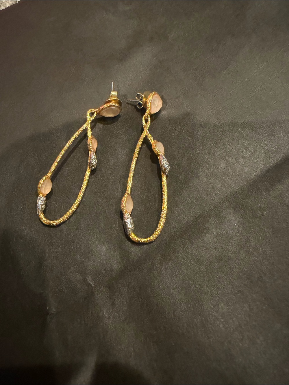 Gold Teardrop Hoop Earrings with Pink Accents